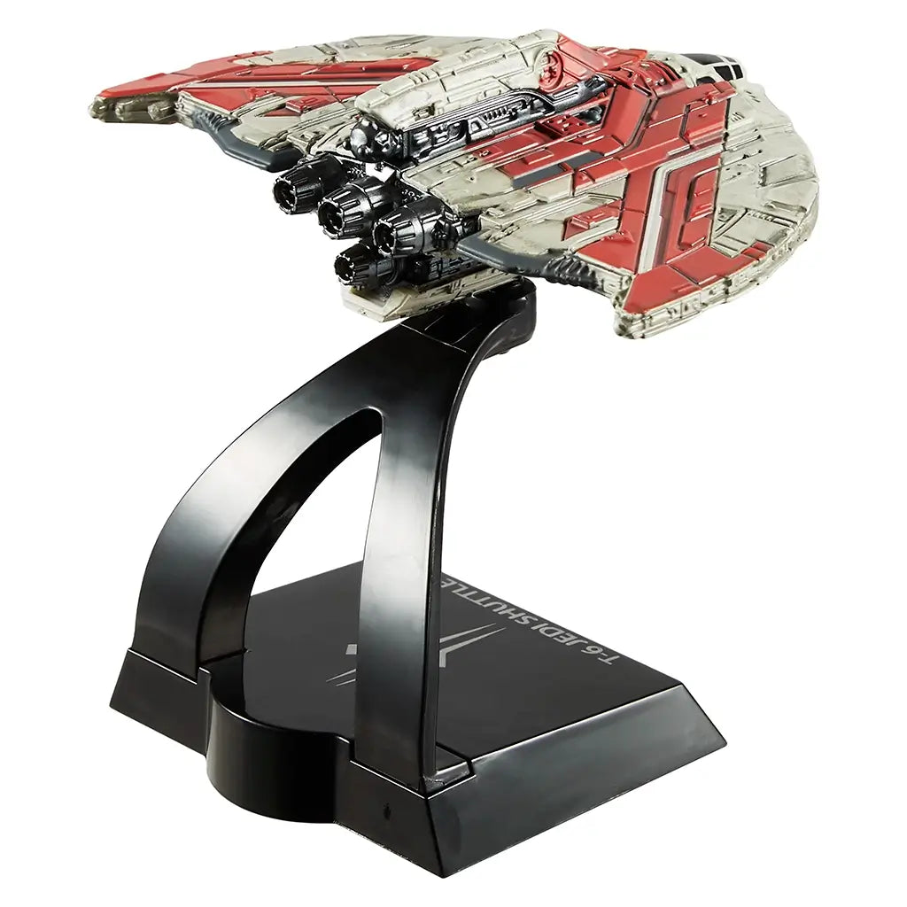Rear-angled view of the Hot Wheels Star Wars T-6 Jedi Shuttle die-cast toy featuring four black engine thrusters and red and grey weathered paneling on black display stand