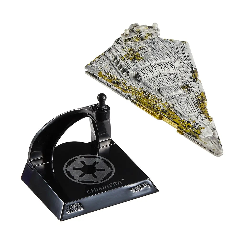 Hot Wheels 2025 Chimaera Star Destroyer die-cast toy ship displayed alongside its removable black base featuring the Imperial logo, showcasing the ship’s ability to detach for interactive play or display.
