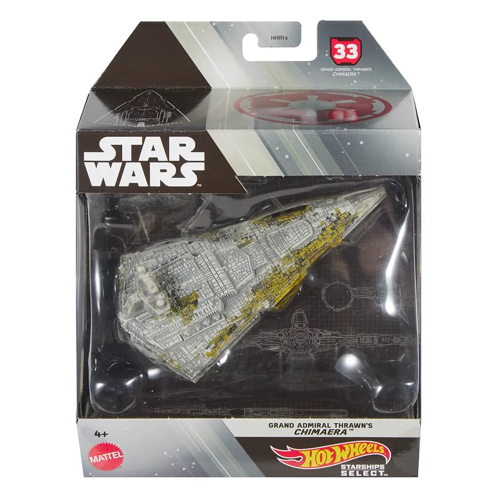 Packaged Hot Wheels Star Wars Starships Select 2025 Grand Admiral Thrawn’s Chimaera die-cast ship in 1:50 scale, showcasing a detailed grey and gold Star Destroyer inside a collector box.