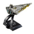 Rear-angled view of the Hot Wheels Grand Admiral Thrawn’s Chimaera 1:50 scale toy ship, featuring glowing blue thrusters and intricate sculpted detail across the gold-streaked hull.