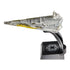 Side profile of Hot Wheels Star Wars Chimaera Star Destroyer model ship with a wedge-shaped design and golden battle damage accents, mounted on a black display stand labeled “Chimaera.”