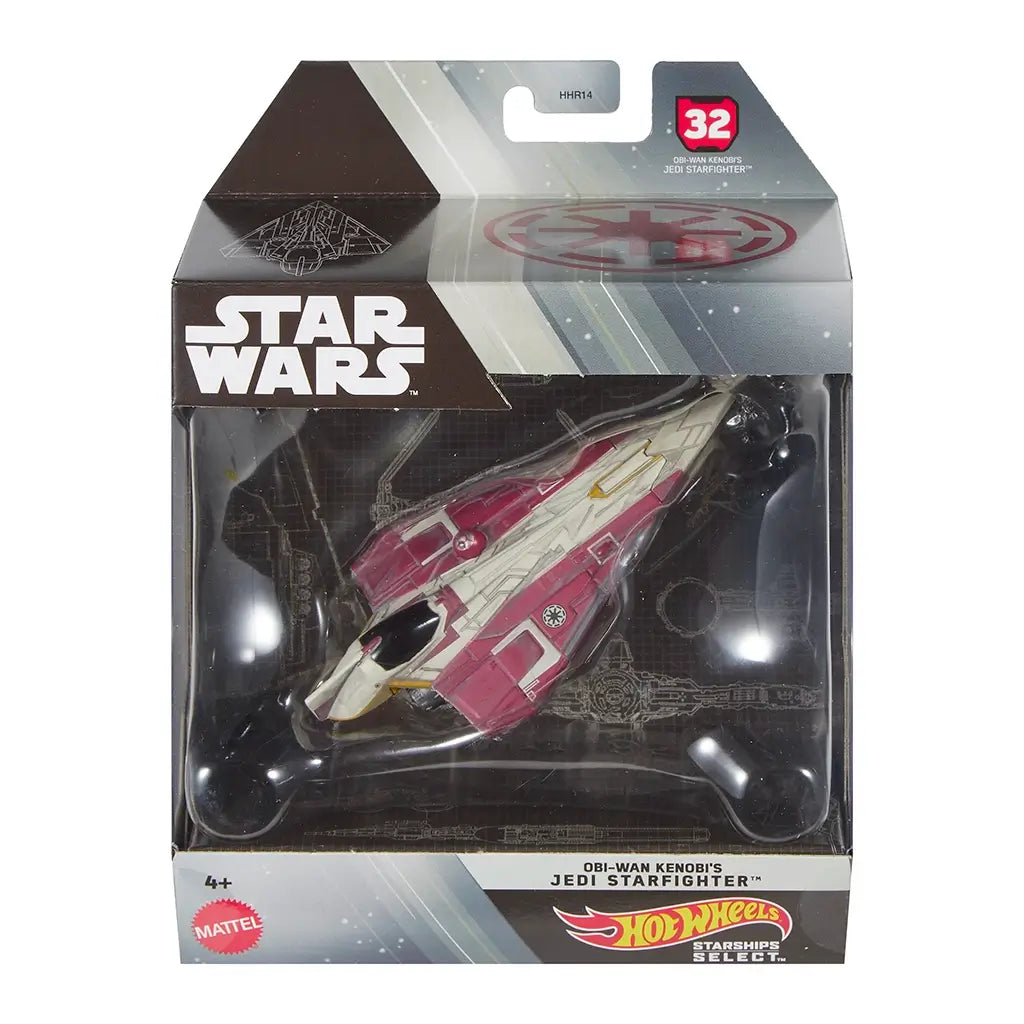 Hot Wheels Star Wars Starships Select 2025 Obi-Wan Kenobi’s Jedi Starfighter die-cast ship in 1:50 scale, packaged in a collector box with red and white paint, Republic emblem, and display-ready window.