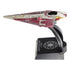 Side view of Hot Wheels 2025 Obi-Wan Kenobi’s Jedi Starfighter die-cast collectible featuring a triangular design, red astromech droid, Republic logo, and slim nose detail, posed on a collector’s base.
