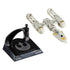 Hot Wheels Y-Wing Fighter die-cast ship shown disassembled from its black display stand featuring the Rebel symbol and “Y-Wing Fighter” label, emphasizing the collectible’s removable and poseable feature.
