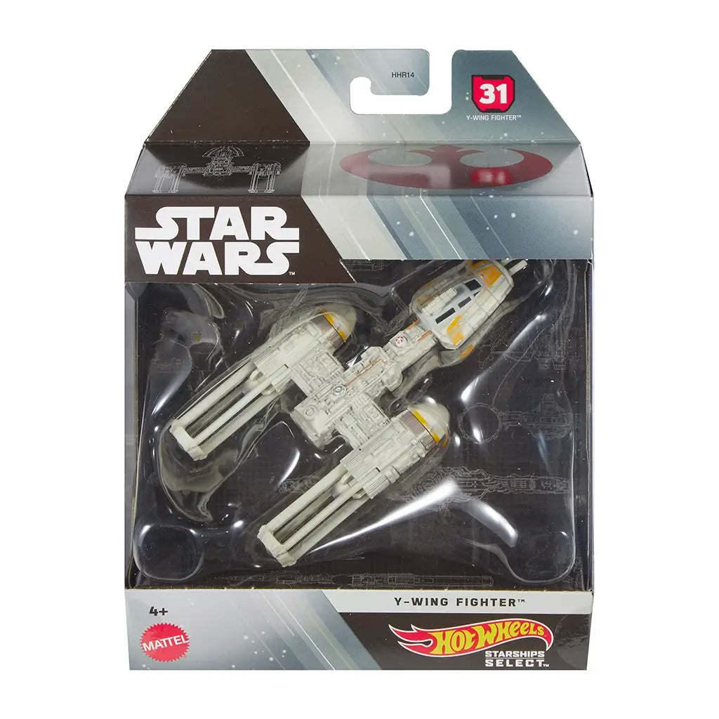 Hot Wheels Star Wars Starships Select 2025 Y-Wing Fighter die-cast ship in 1:50 scale, packaged in a collector box with a clear display window showing the yellow-accented rebel starfighter.