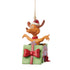 Alternate front angle of Max ornament by Jim Shore showing detailed carving and painted accents on the box and Max’s expression in Santa attire.