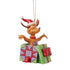 Front angled view of Jim Shore Max figurine in a Santa hat, smiling joyfully while springing from a festively wrapped holiday gift box ornament.