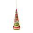 Front view of Jim Shore Grinch gnome ornament with smiling face and “Nice” label on red and green hat, dressed in red Santa outfit with white trim.