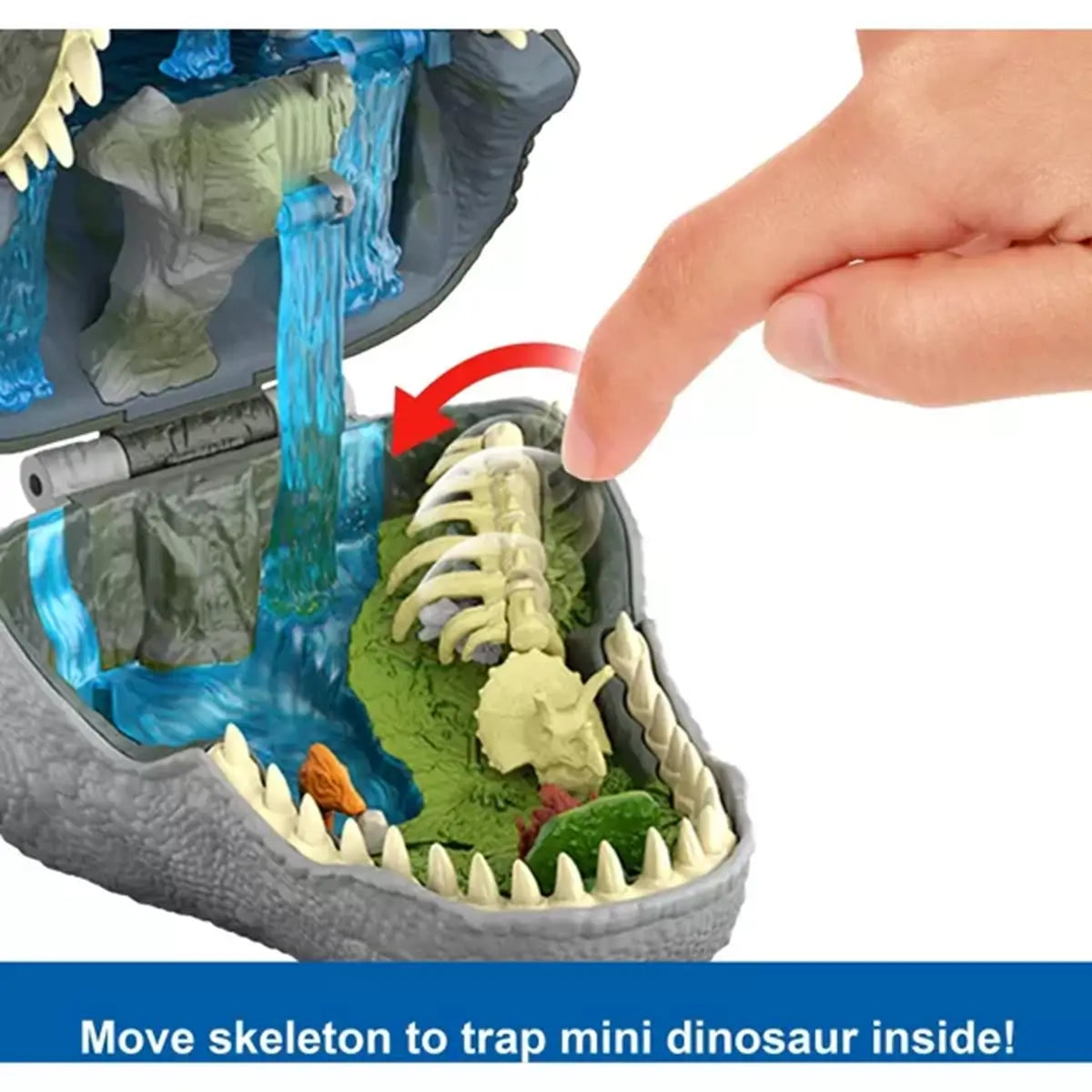 Jurassic World Rebirth Micro Adventure Tyrannosaurus Rex Head Playset move skeleton to trap dino inside