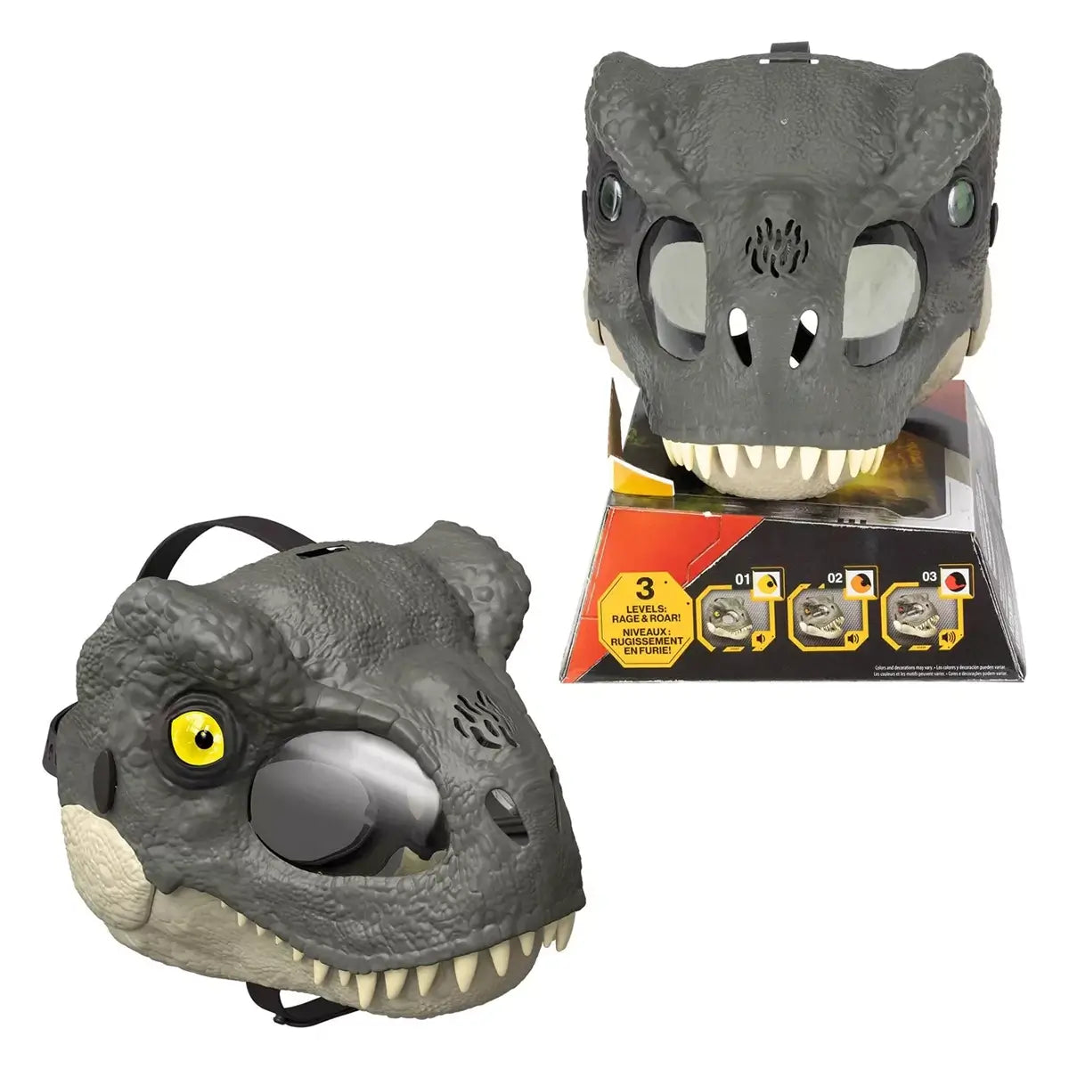 Jurassic World Rebirth T-Rex Rage N Roar Mask With Led Light Up Eyes Feature and package