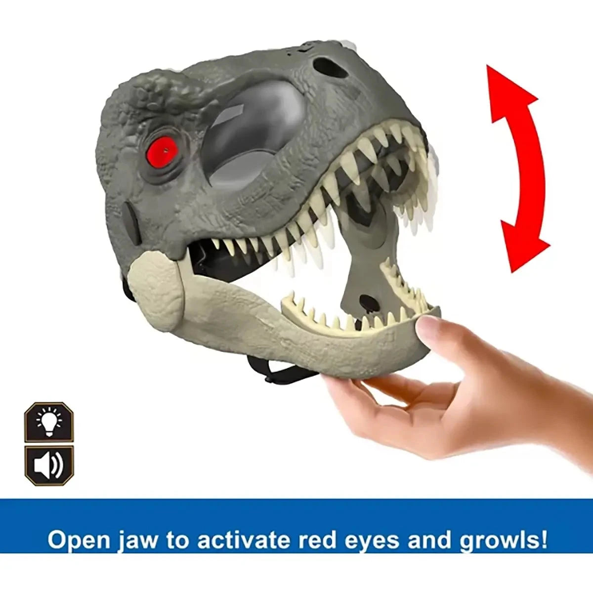 Jurassic World Rebirth T-Rex Rage N Roar Mask With Led Light Up Eyes Feature open jaw to activate red eyes and growl