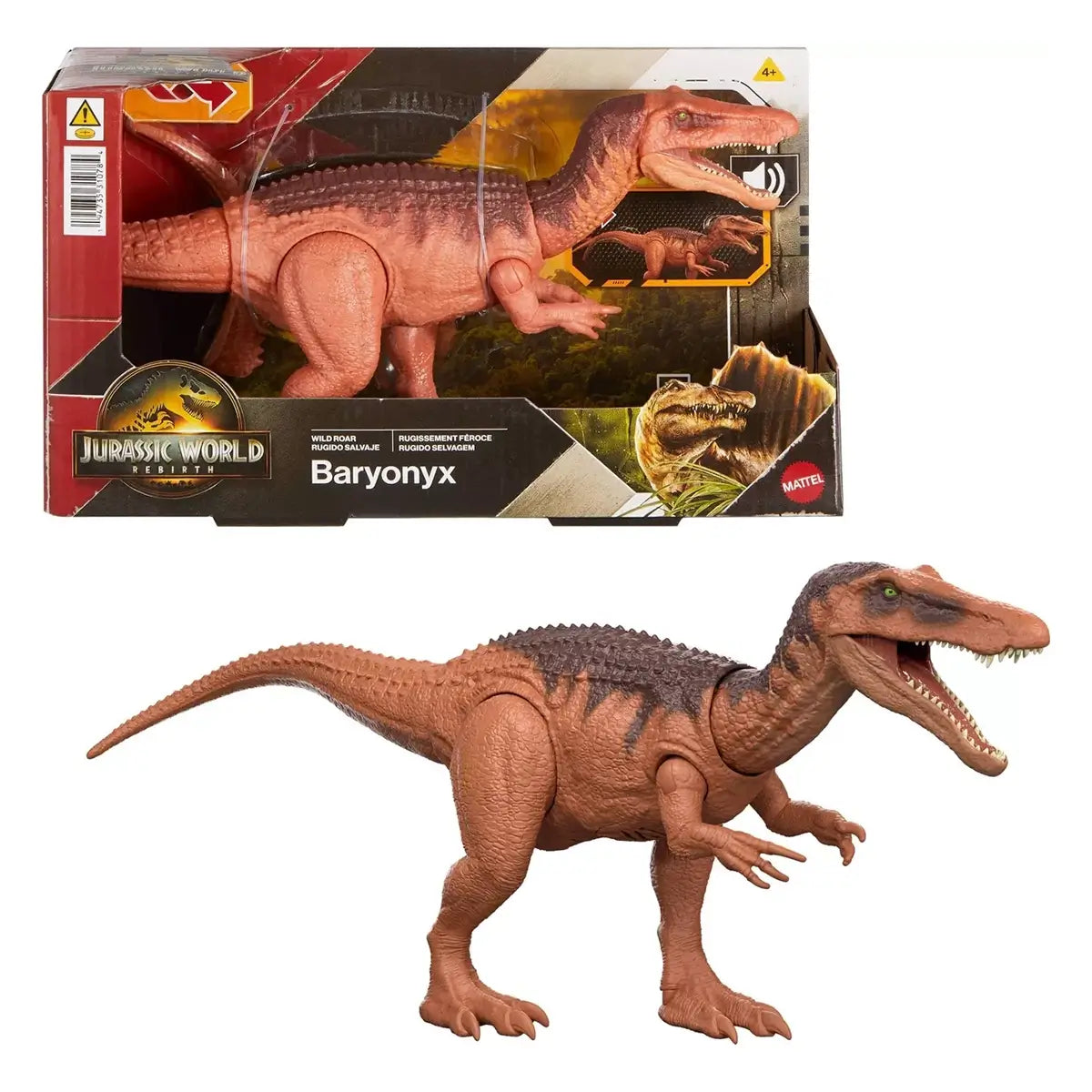 Jurassic World Rebirth Wild Roar Baryonyx 10-Inch Dinosaur Figure and packaging