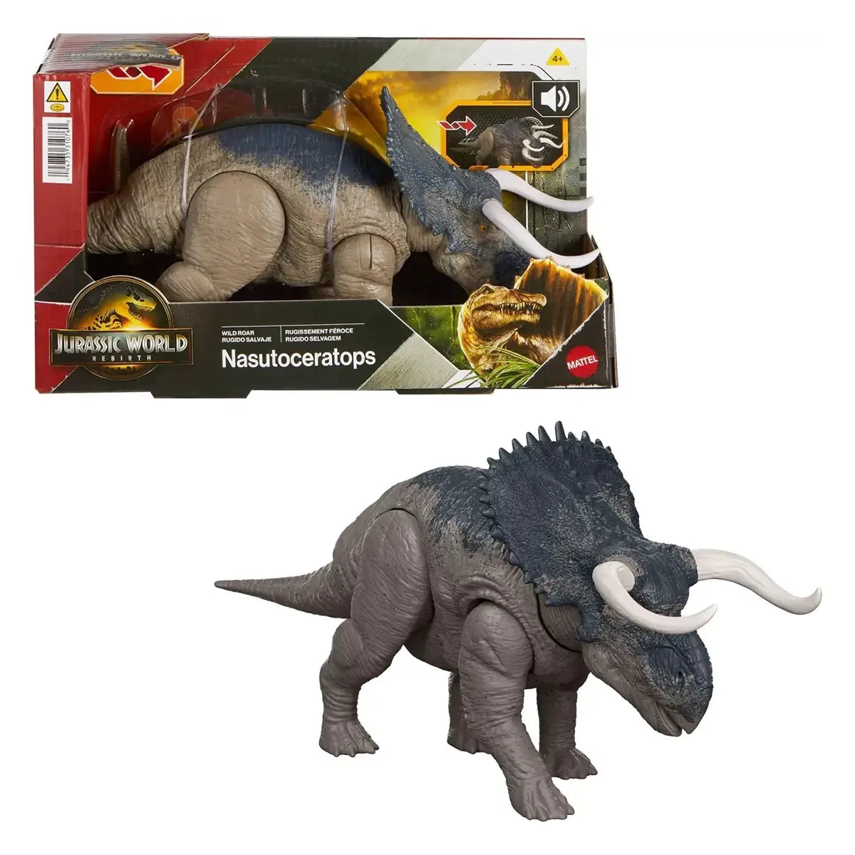 Jurassic World Rebirth Wild Roar Nasutoceratops 10-Inch Dinosaur Figure and packaging