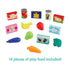Set of 14 Kidoozie pretend food items including toy bananas, strawberry, carrot, broccoli, canned goods, cereal box, cookies, and more, displayed on white background with text.