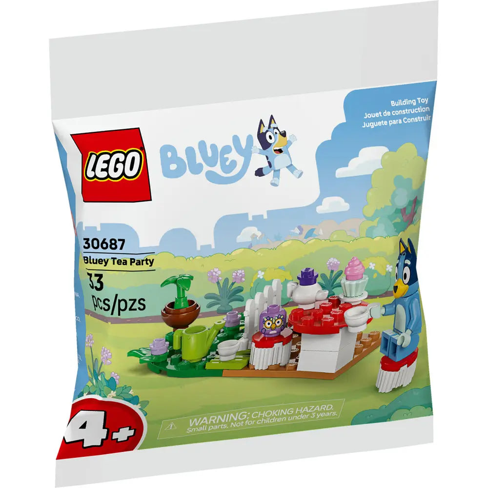 LEGO Bluey 30687 “Bluey Tea Party” package front featuring Bluey enjoying a colorful tea party scene with cupcakes, teapots, and flowers, designed for ages 4 and up with 33 pieces.