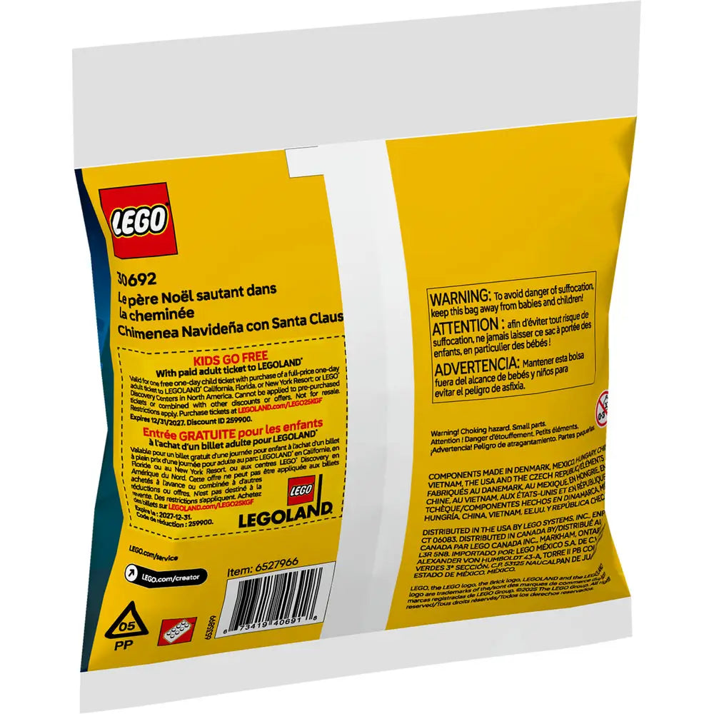 Back of LEGO Creator 30692 polybag showing yellow product information, safety warnings in multiple languages, and promotional details for LEGOLAND’s “Kids Go Free” offer.