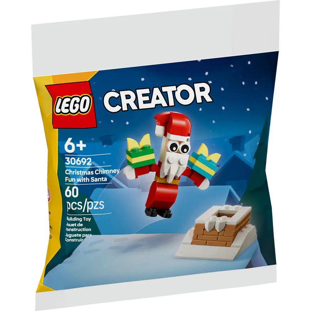 LEGO Creator 30692 “Christmas Chimney Fun with Santa” package showing Santa jumping with two presents above a snowy rooftop, with LEGO branding and product details for ages 6 and up.