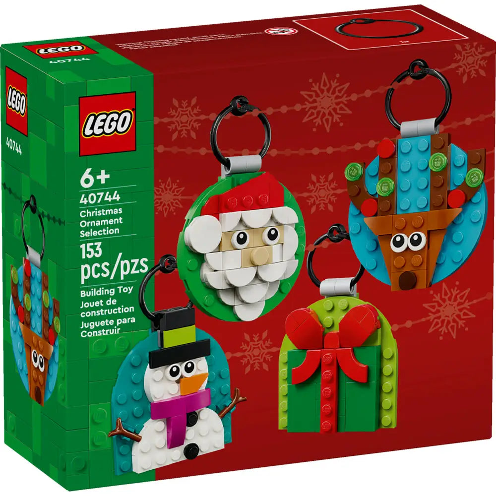 LEGO 40744 Christmas Ornament Selection box showing four buildable decorations: Santa, a reindeer, a snowman, and a wrapped present.