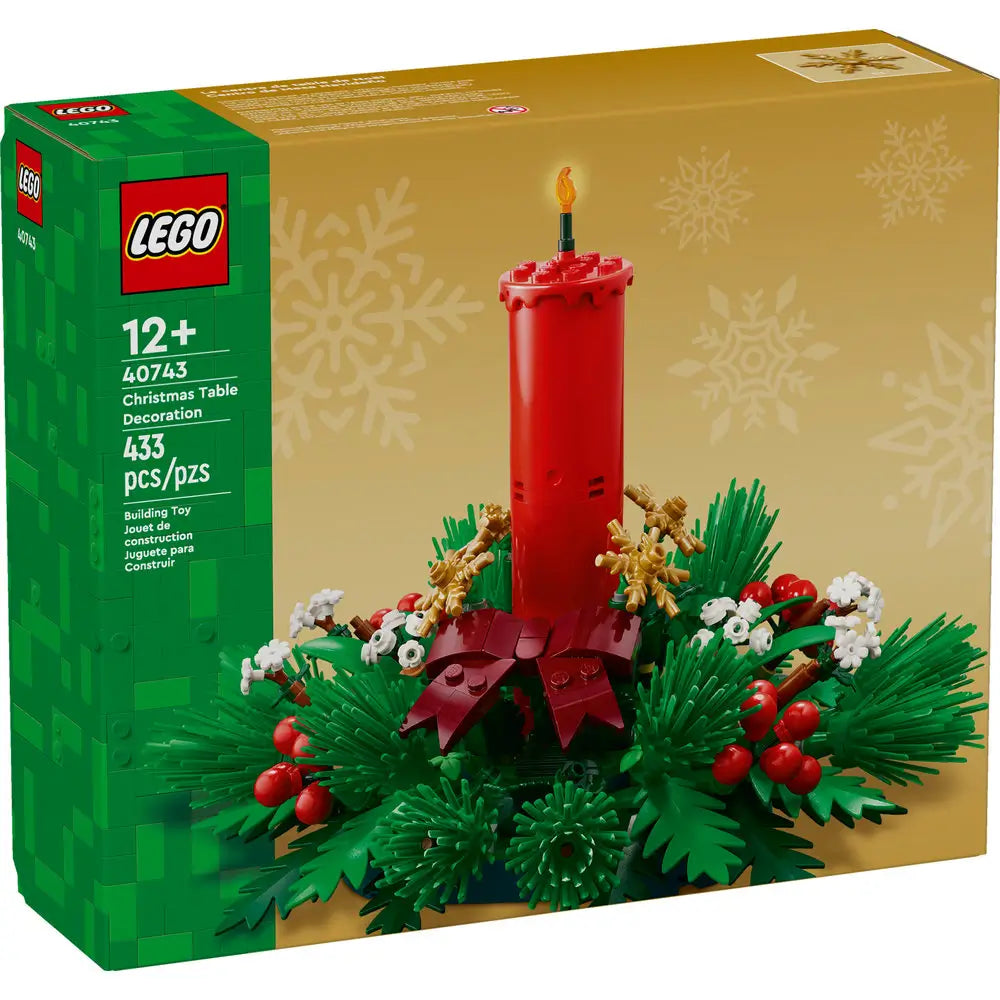 LEGO 40743 Christmas Table Decoration box showing a red candle centerpiece with greenery, white flowers, and berries on a gold snowflake background, suitable for builders aged 12 and older.