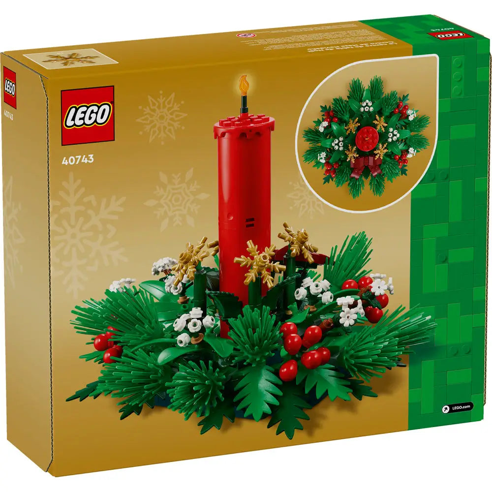 Back of LEGO 40743 Christmas Table Decoration box displaying the completed build with red candle and pine foliage, plus inset image highlighting an alternate wreath-style view.