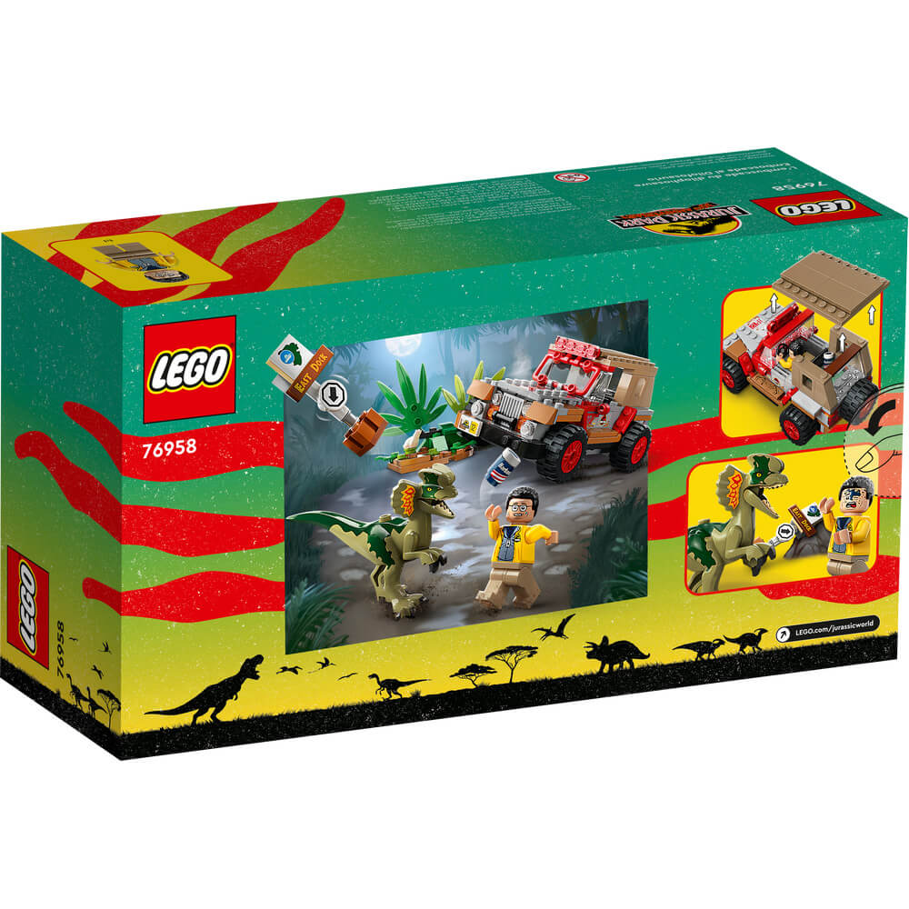 Back of the package for the LEGO® Jurassic World Dilophosaurus Ambush 211 Piece Building Set