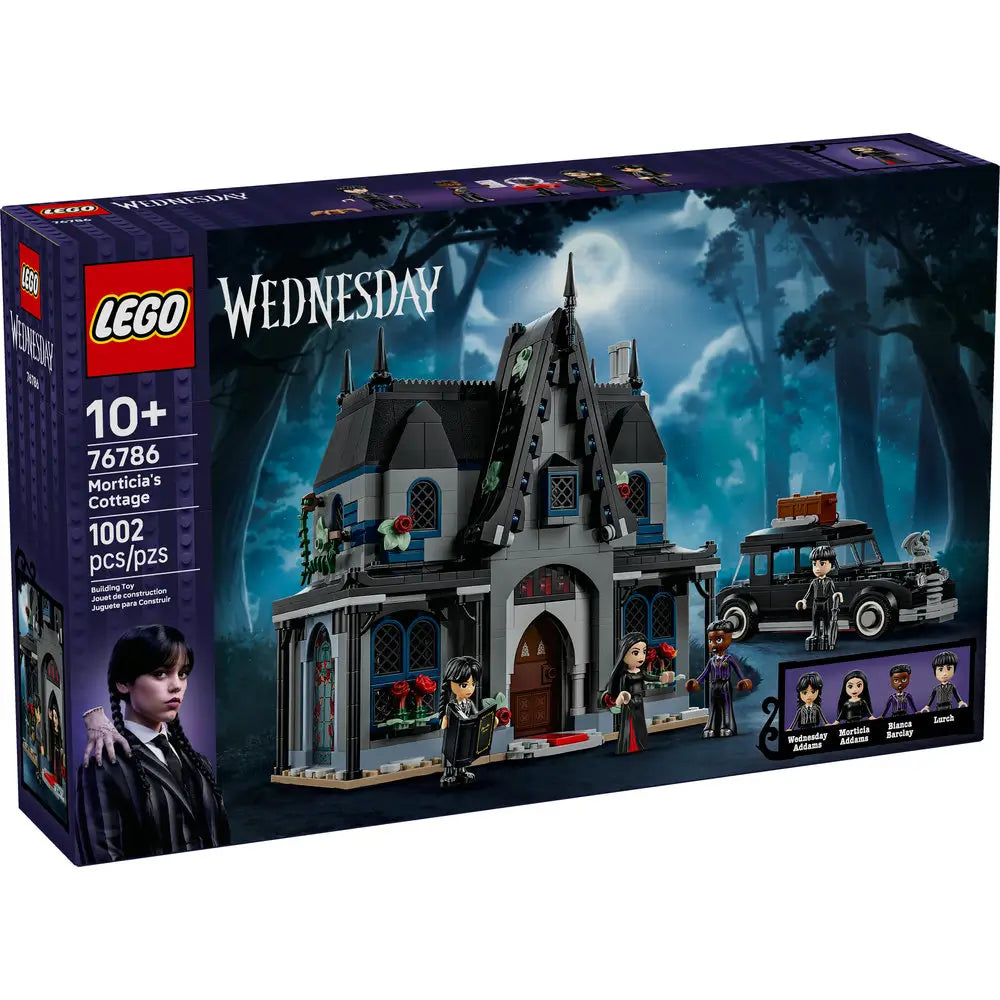 LEGO 76786 Wednesday Morticia’s Cottage box featuring the Addams family home under moonlight, with included minifigures Wednesday, Morticia, Enid, and Lurch.