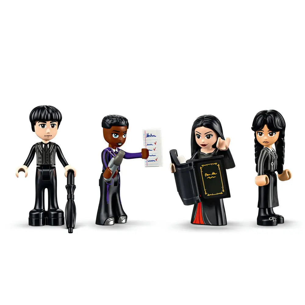 LEGO Wednesday Morticia’s Cottage set minifigures including Wednesday Addams, Morticia Addams, Enid Sinclair, and Lurch, each holding themed accessories like books, umbrellas, and a checklist.