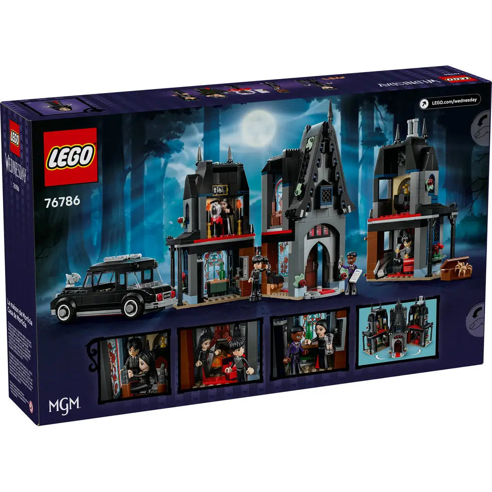Back of LEGO 76786 Wednesday Morticia’s Cottage box showing the open mansion interior with gothic details, furniture, and scenes featuring the Addams family minifigures.