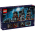 Back of LEGO 76786 Wednesday Morticia’s Cottage box showing the open mansion interior with gothic details, furniture, and scenes featuring the Addams family minifigures.