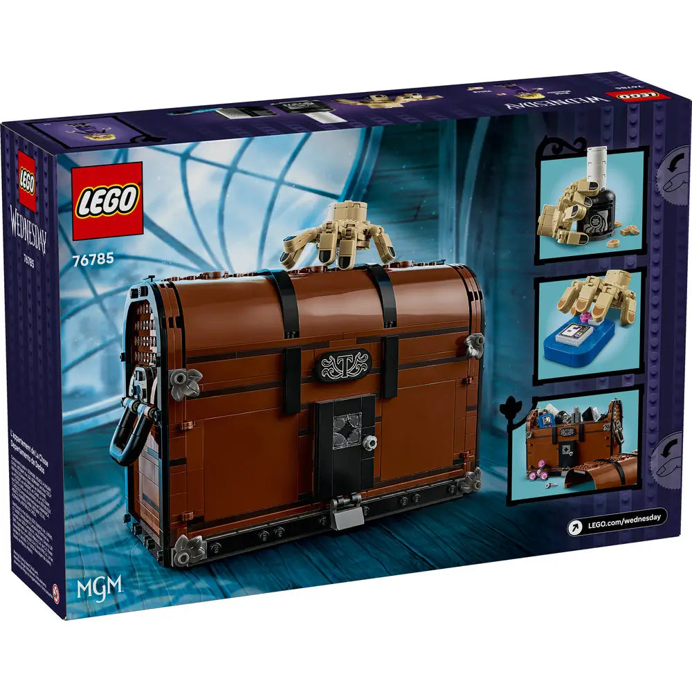 Back of LEGO Wednesday Thing’s Apartment 76785 box showing the closed trunk design, Thing figure on top, and inset images of small detailed builds from the Netflix Wednesday series.