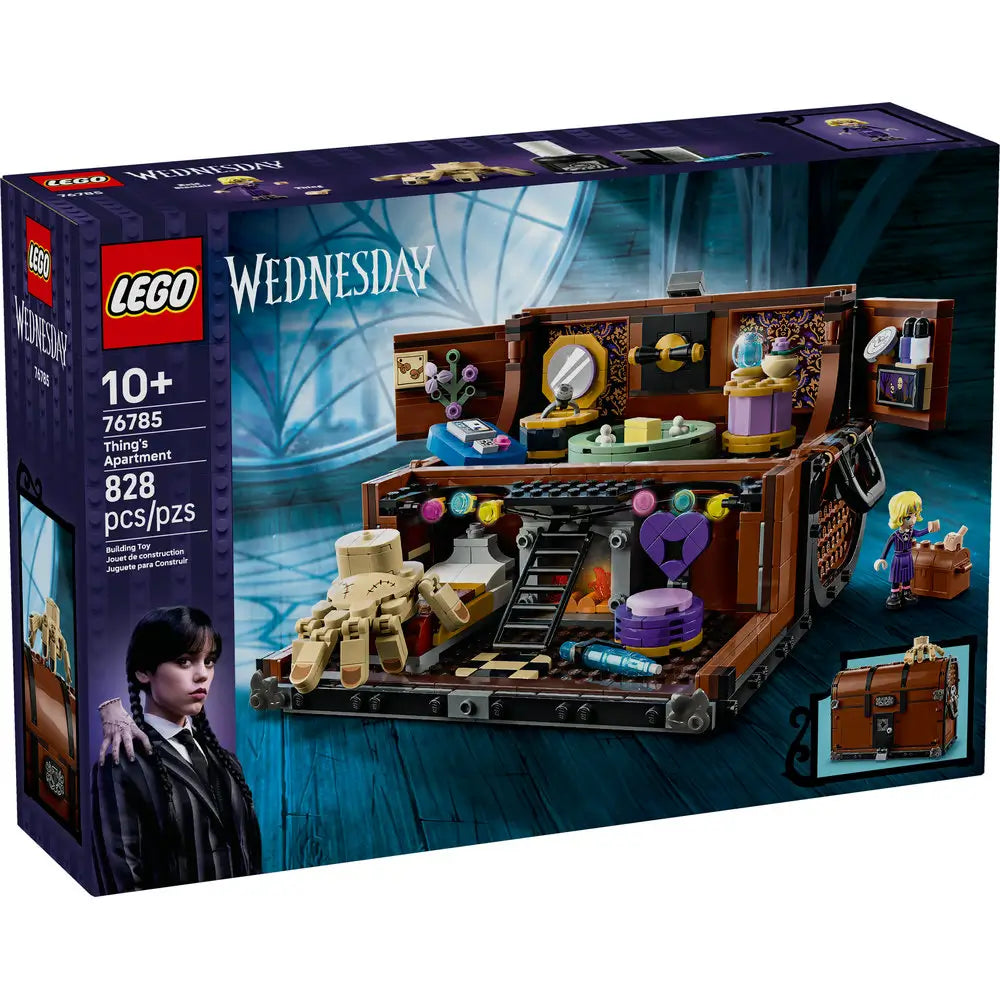 Completed LEGO Wednesday Thing’s Apartment set featuring a two-level fold-out design with bed, vanity, potion table, accessories, and mini Thing hand figure beside Enid Sinclair minifigure.