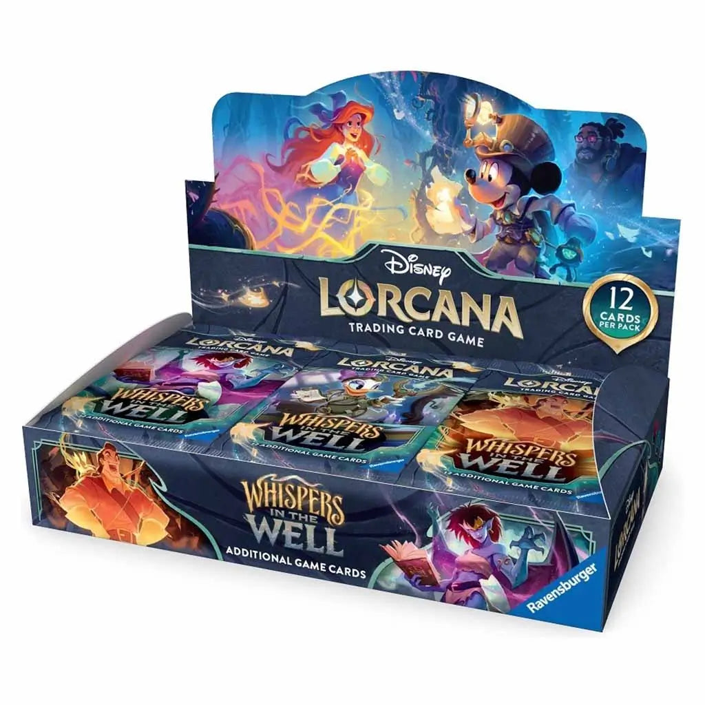 Disney Lorcana “Whispers in the Well” trading card game booster box by Ravensburger, featuring Ariel and Mickey Mouse on the display header and assorted colorful booster packs each with 12 collectible game cards.