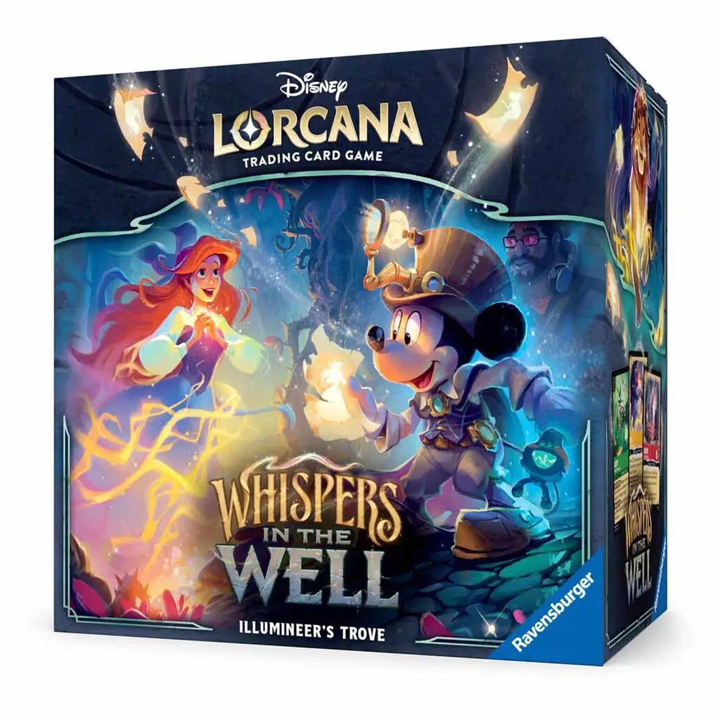 Disney Lorcana “Whispers in the Well” Illumineer’s Trove collector box by Ravensburger, featuring Mickey Mouse and Ariel in a glowing fantasy scene with magical light effects and vibrant blue and purple tones.