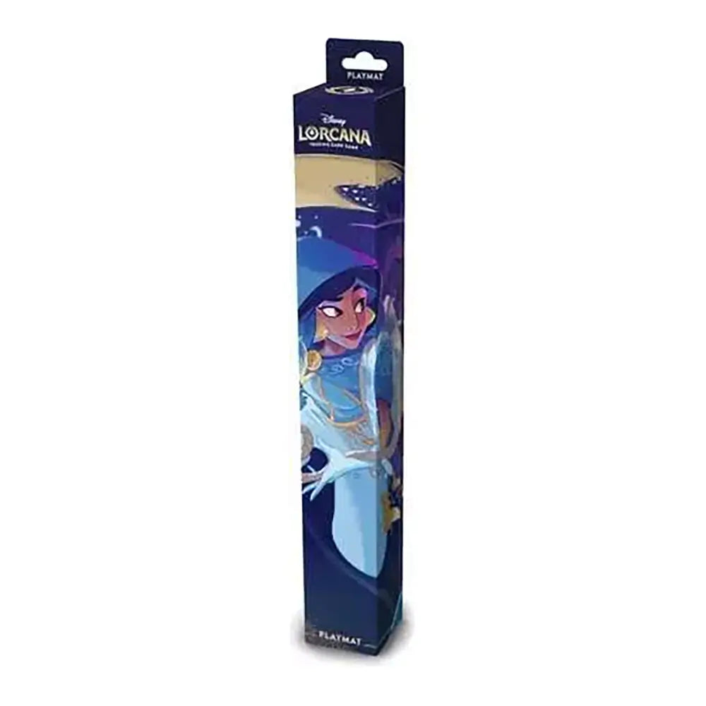 Disney Lorcana “Whispers in the Well” playmat packaging featuring Jasmine in a blue hooded outfit with magic swirls, printed on a tall dark blue box with gold accents and Disney Lorcana branding.