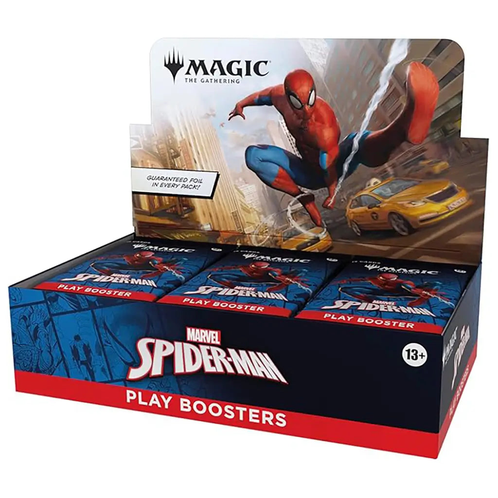 Magic: The Gathering Marvel Spider-Man Play Boosters box featuring Spider-Man swinging through a city with yellow taxis below, promoting collectible card packs with a guaranteed foil in every pack.