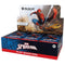 Magic: The Gathering Marvel Spider-Man Play Boosters box featuring Spider-Man swinging through a city with yellow taxis below, promoting collectible card packs with a guaranteed foil in every pack.