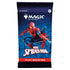 Magic: The Gathering Marvel Spider-Man Play Booster pack featuring Spider-Man crouched in a dynamic pose on a blue comic-style background, containing 14 collectible trading cards for players aged 13 and up.
