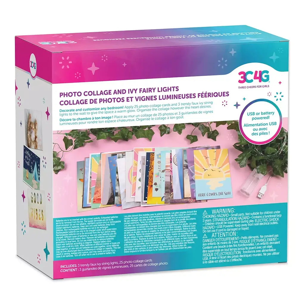 Back of 3C4G Photo Collage and Ivy Fairy Lights Set box displaying included 25 collage cards, three faux ivy string lights, and setup instructions for bedroom decoration.