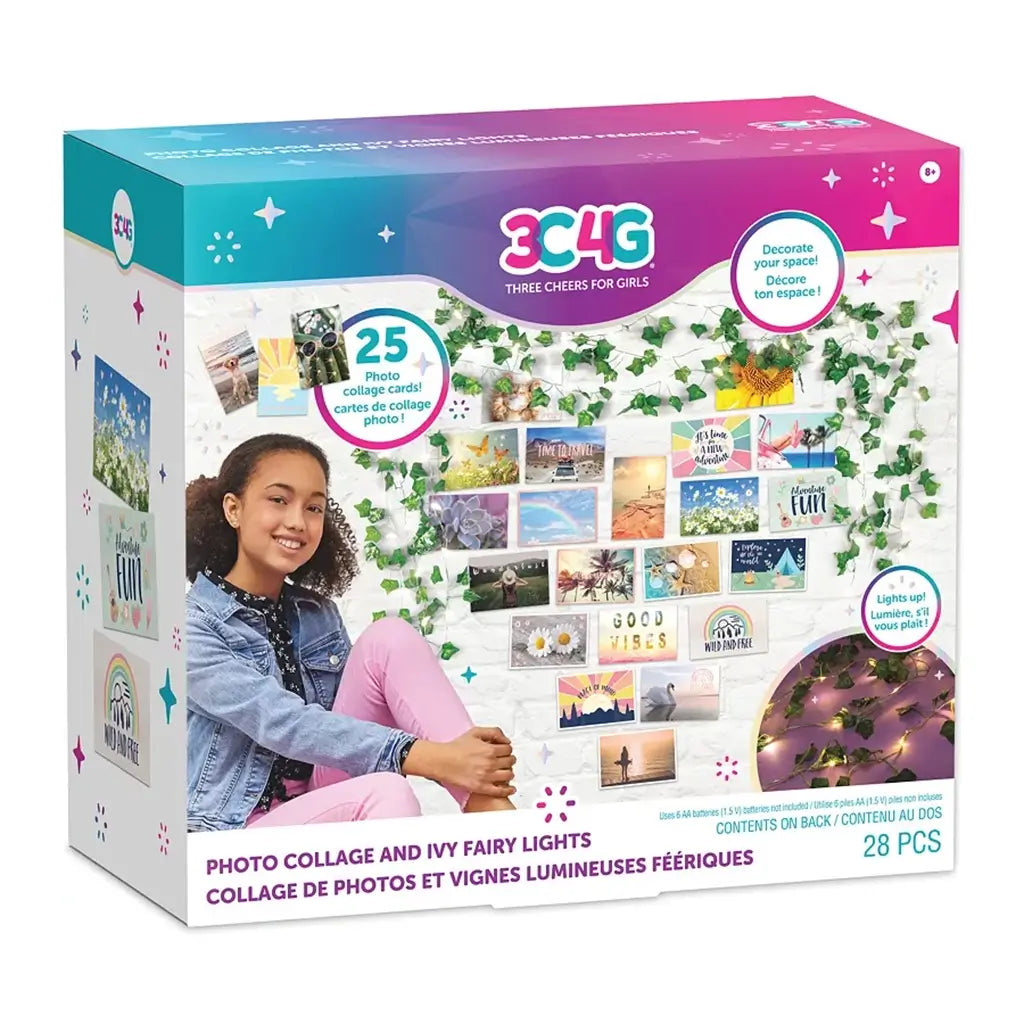 Front of 3C4G Photo Collage and Ivy Fairy Lights Set box featuring a smiling girl posing beside a decorated photo wall with glowing vines and 25 positive-themed collage cards.