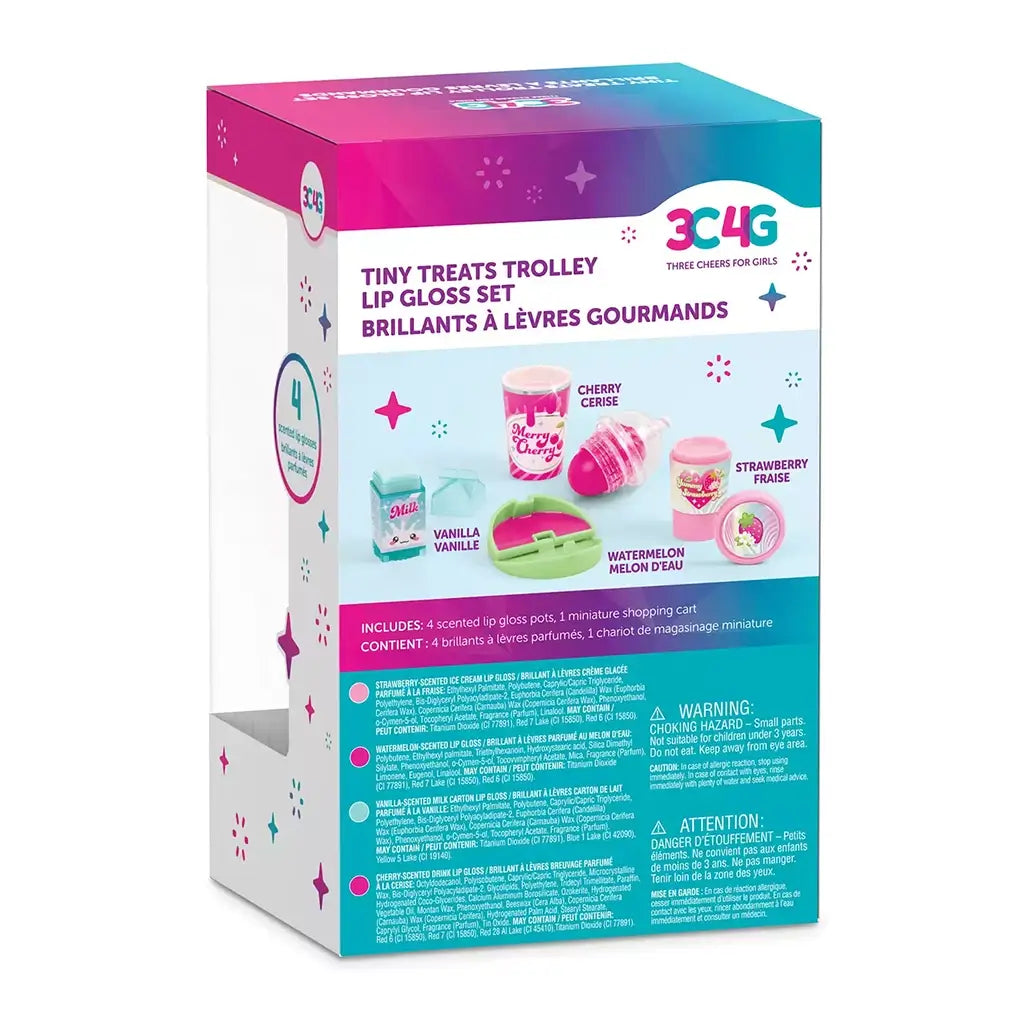 Back of 3C4G Tiny Treats Trolley Lip Gloss Set box showing product details, ingredients, flavor list, and playful graphics in pink, teal, and white packaging design.