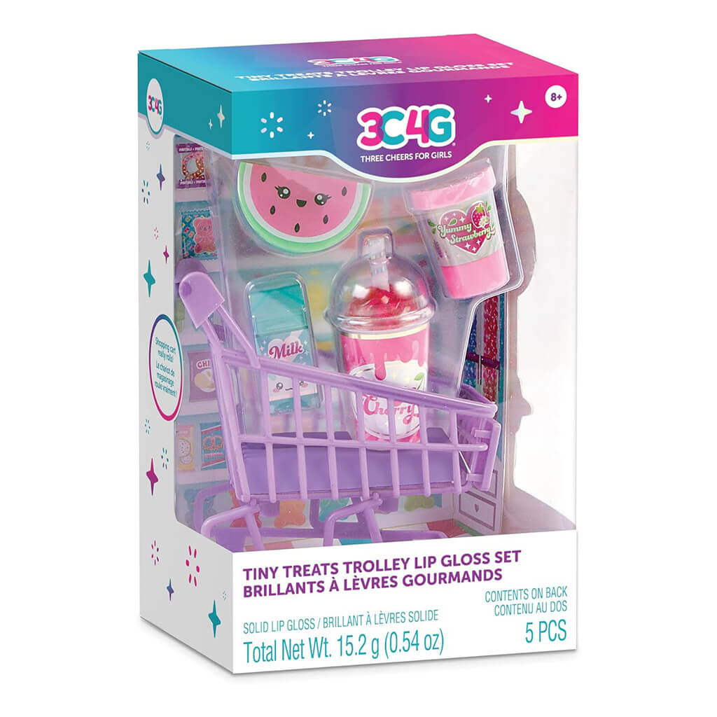 3C4G Tiny Treats Trolley Lip Gloss Set boxed packaging showing four dessert-shaped glosses and a mini purple cart, designed for playful beauty fun for kids ages 8 and up.