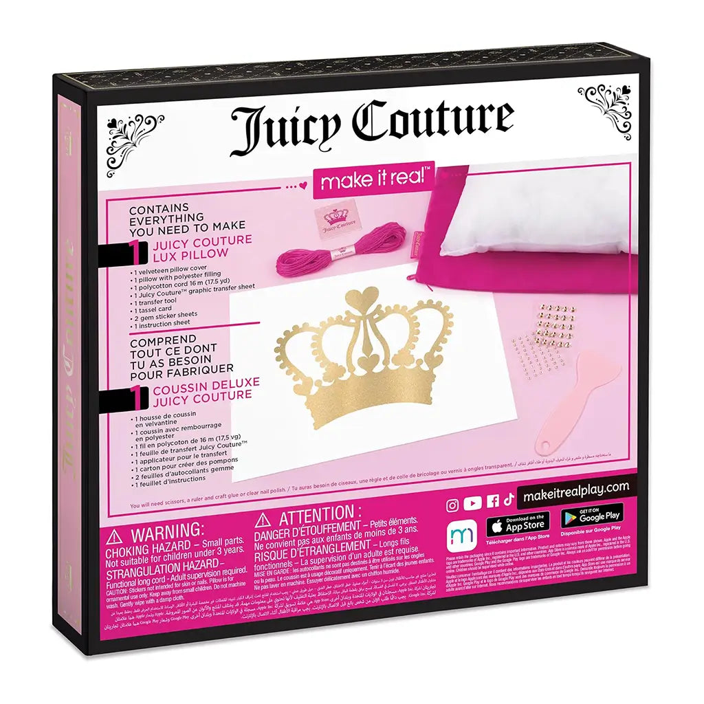 Back of Juicy Couture DIY Lux Pillow Craft Set box displaying included materials like a pillow cover, gold crown transfer sheet, embroidery thread, gems, and instructions for assembling a custom pillow.
