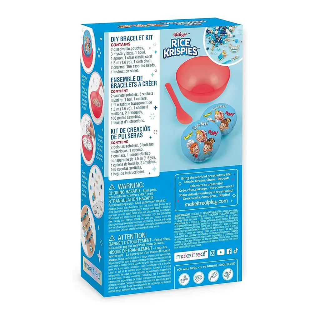 Back of Kellogg’s Rice Krispies DIY Bracelet Kit box showing contents list, crafting instructions, and cereal-themed designs with Snap, Crackle, and Pop illustrations.