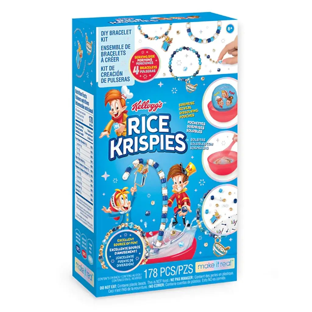 Front of Kellogg’s Rice Krispies DIY Bracelet Kit box with bright blue graphics featuring Snap, Crackle, and Pop, and examples of dissolving pouch craft and bracelet designs.