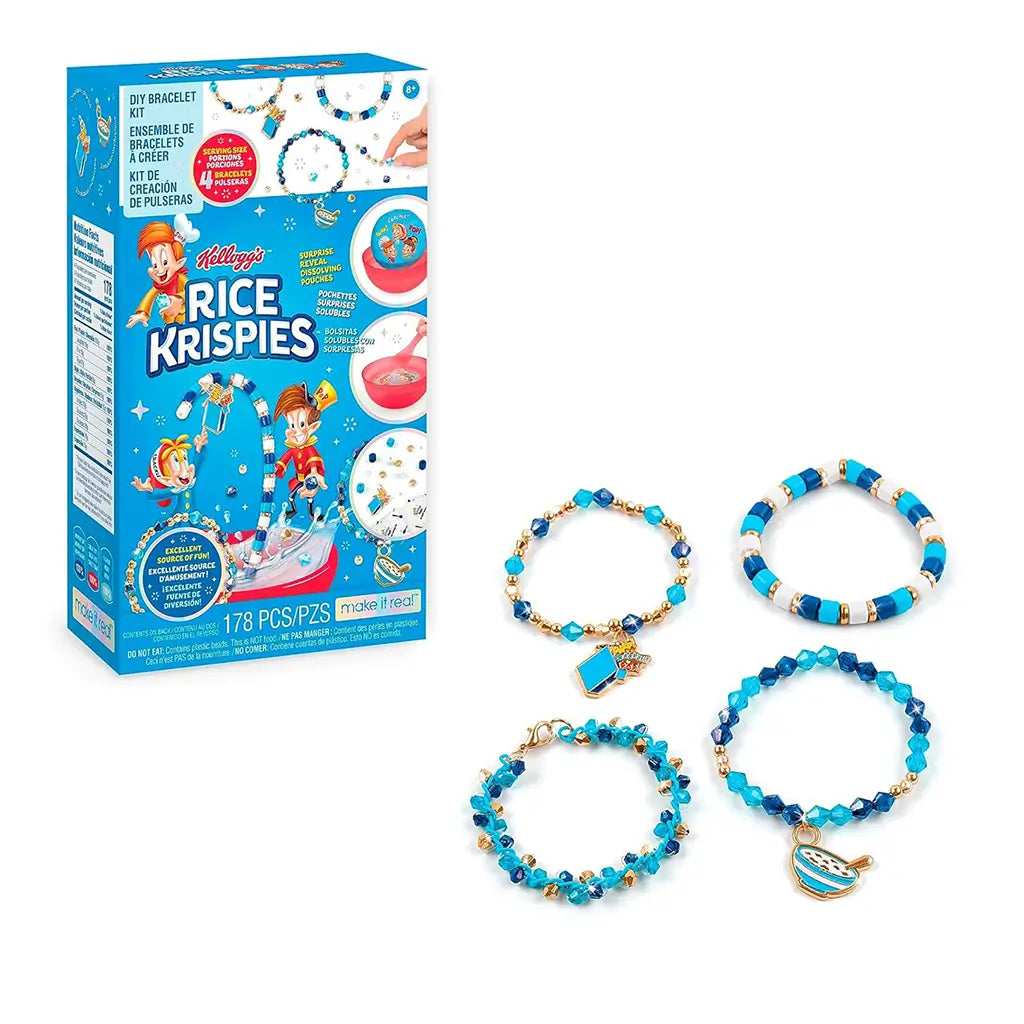 Kellogg’s Rice Krispies DIY Bracelet Kit showing box with Snap, Crackle, and Pop mascots and completed blue and gold bracelets, highlighting fun cereal-inspired jewelry making.
