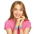Smiling girl wearing a pink shirt models colorful Linxo DIY bracelets in purple, pink, and teal tones on both wrists, promoting creativity and fun in bracelet-making.