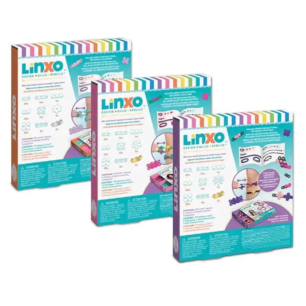 Three Linxo jewelry kit boxes shown from the back, highlighting bracelet-building instructions, included components, and step-by-step guides with colorful diagrams and brand details.