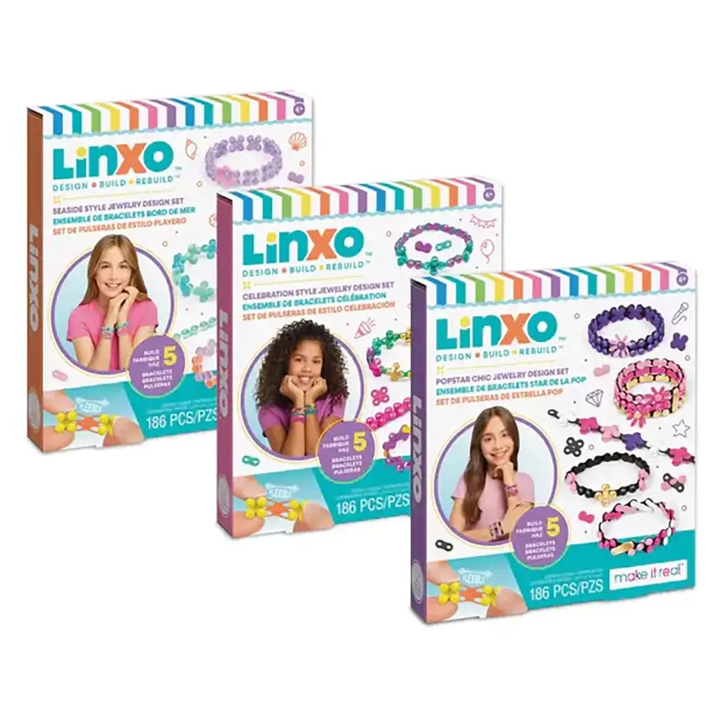 Set of three Make It Real Linxo jewelry design boxes featuring young girls modeling completed bracelets and illustrations of colorful flower-link bracelet designs, each kit containing 186 pieces.