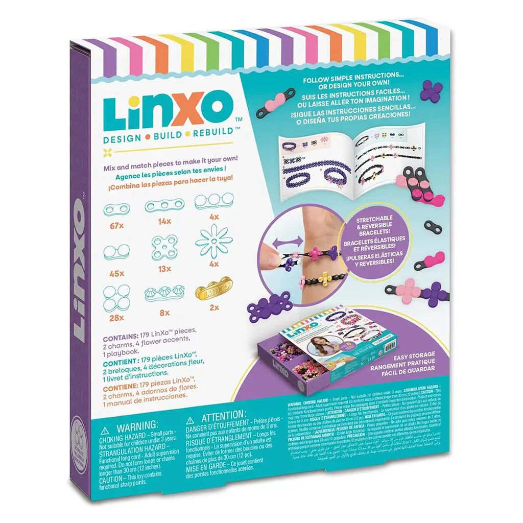 Back of Linxo Popstar Chic Jewelry Design Set box showing kit contents, assembly instructions, and colorful diagrams for building stretchable and reversible bracelets.