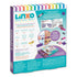 Back of Linxo Popstar Chic Jewelry Design Set box showing kit contents, assembly instructions, and colorful diagrams for building stretchable and reversible bracelets.